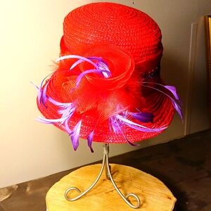 Lady's Red Brim ♥️ Hat 👒 With Red/Purple Satin and Glitter Band